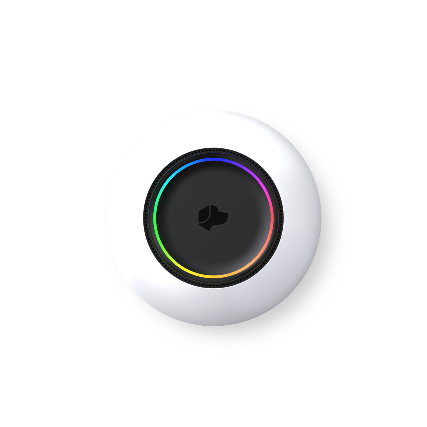 A top view of a white circular device with a black center featuring a dog logo and a multicolored LED ring around it, symbolizing the Josh AI voice control device.