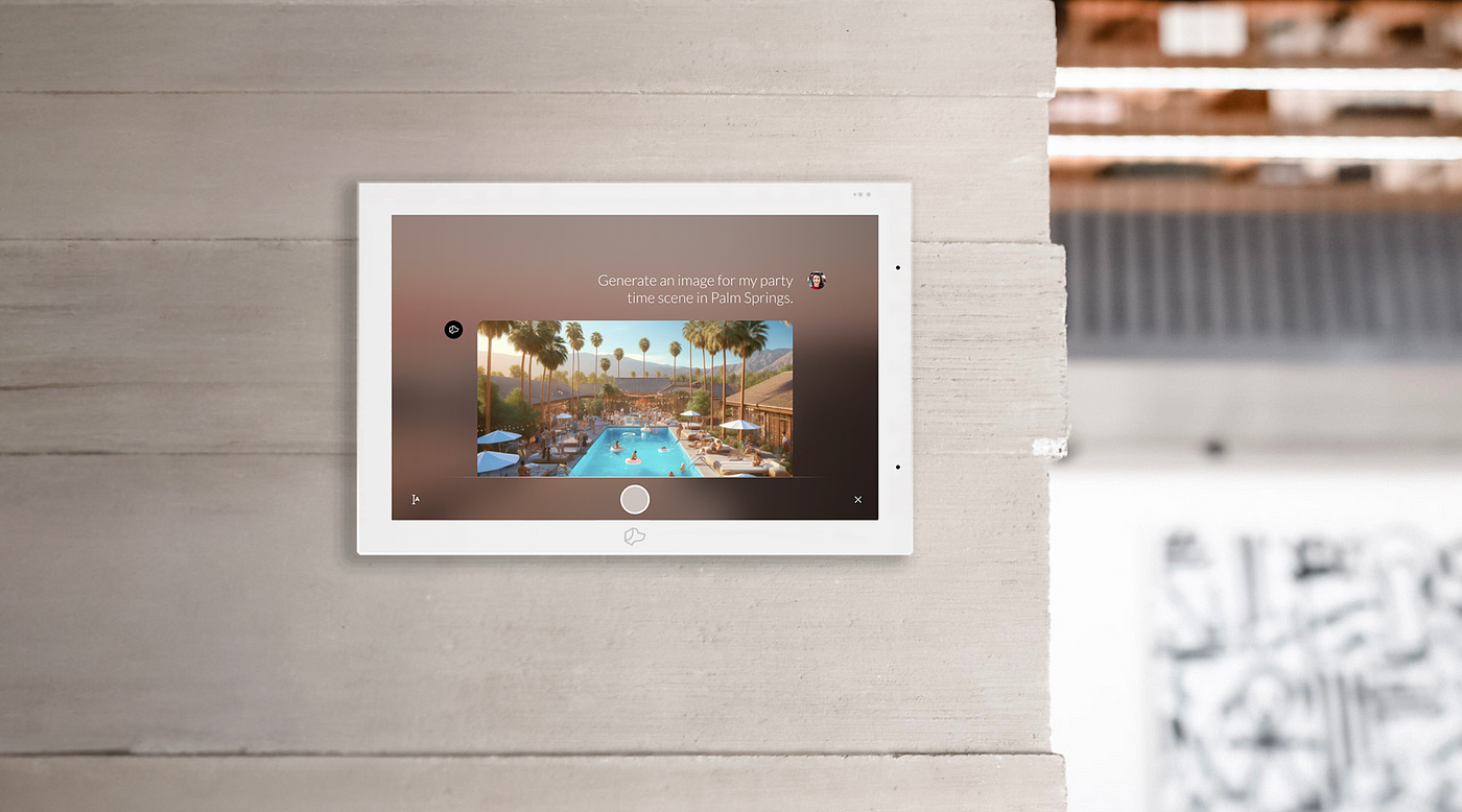 Control4 Touch panel in a able with a traditional home in the background